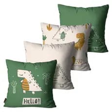 Kit com 4 Capas de Almofadas Dinossauro Branco e Verde 45x45