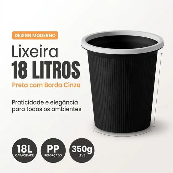 Lixeira 18L Plástica Redonda Preta Sem Tampa Cesto de Lixo Escritório Quarto Sala Banheiro Cozinha