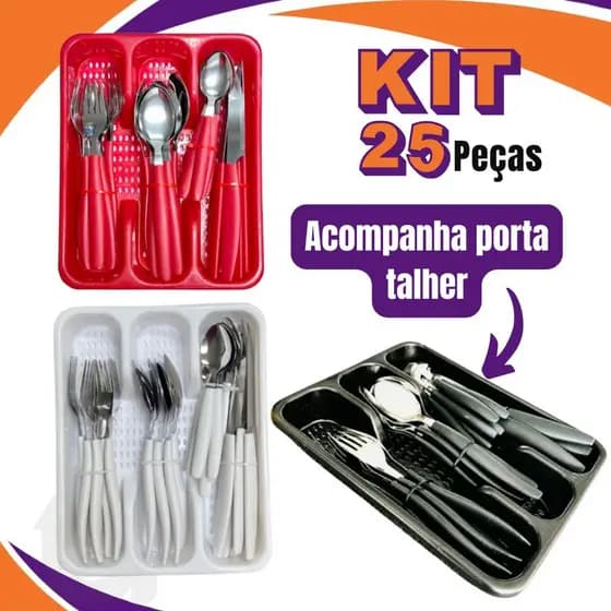 Jogo de Talheres Inox 25 Peças com Porta Talher Gaveteiro Casa Cozinha Multiuso
