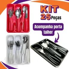 Jogo de Talheres Inox 25 Peças com Porta Talher Gaveteiro Casa Cozinha Multiuso
