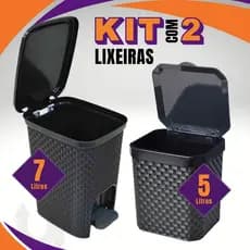 Kit Lixeira Rattan Cesto 7 Litros com Pedal + Lixeira Pia Rattan 5 Litros