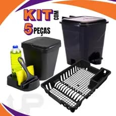 Kit Cozinha Lixeira Pia/Porta Detergente/Rodo/Escorredor Louça/Lixeira 13 Litros Area Gourmet