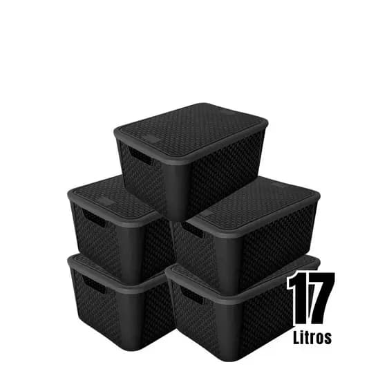 Kit 3/5 Caixas Organizadoras Rattan 17 Litros Preta Com Tampa Organizador Multiuso Roupas Brinquedos