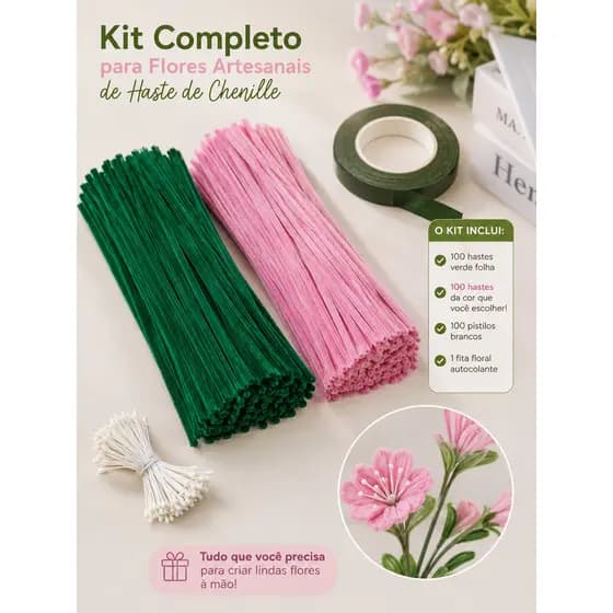 Kit Flor Artesanal Haste De Chenille Limpador De Cachimbo P/Fazer Buquê DIY Com Fita E Pistilo