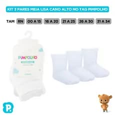Kit Meia Lisa Cano Alto 3 Pares Unissex no Tag Pimpolho