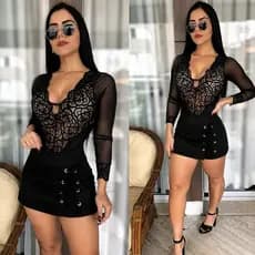 Body Renda Decotado Manga Longa e Curta Rendado Com Bojo Collant Bori Decote em V