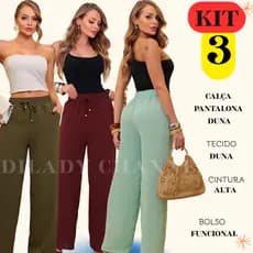 Kit 3 Calça Pantalona Feminina Tecido Duna Premium Cintura Alta com Elástico e Bolsos Confortavel