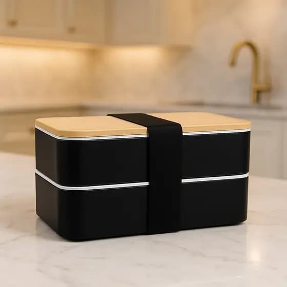 Marmita  Lancheira Bento Box Bambu Preto Dupla Microondas Portátil Japonesa Com Talheres