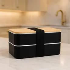 Marmita  Lancheira Bento Box Bambu Preto Dupla Microondas Portátil Japonesa Com Talheres