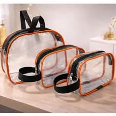 Kit Organiza Viagem 3 Necessaires Transparente Laranja e Preto – 1 Grande + 2 Pequenas