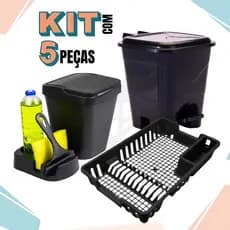 Kit Cozinha Lixeira Pia/Porta Detergente/Rodo/Escorredor Louça/Lixeira 13 Litros Area Gourmet