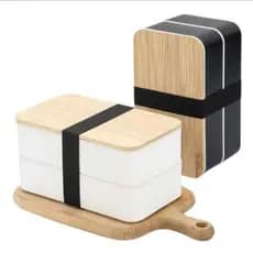 Marmita Dupla, 2 divisórias, tampa de bambu, para o dia a dia, garfo, faca e colher,  fitness, bento box , minimalista