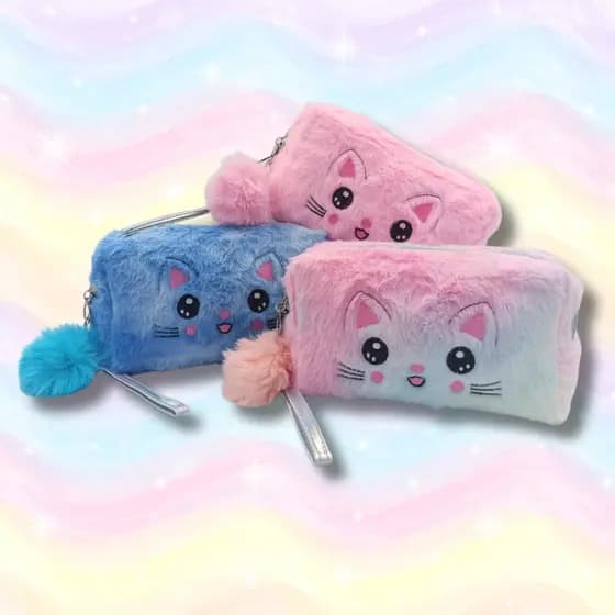 Estojo Escolar de Pelúcia Fofo Gatinho Escolar Necessaire Grande Maquiagem