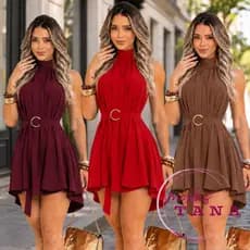 Vestido Curto Feminino Elegante com Cinto e Gola Alta | Tecido Leve e Soltinho | Moda Casual Chic