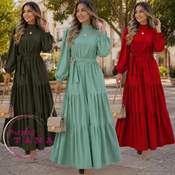 Vestido Longo Feminino Elegante Manga Longa Gola Alta com Faixa –  Solto com Babados e Punho com Elástico