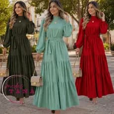 Vestido Longo Feminino Elegante Manga Longa Gola Alta com Faixa –  Solto com Babados e Punho com Elástico