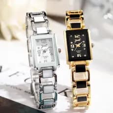 Relógio Feminino Quadrado Casual Digital Ponto Diamante Pulseira De Cerâmica Simples