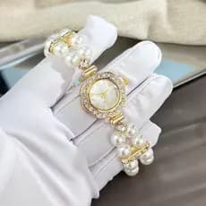 Relógio Feminino Fileira Dupla Imitação De Pérola Elástico Luz Luxo Flor Incrustada Diamante Completo Digital