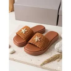 Sandália Slide Feminina Crochê com Aplicação Estrela