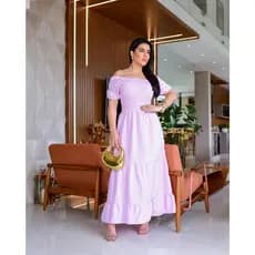 Vestido Longo Feminino Midi Listrado Ombrinho Jaqueline Verão Casual