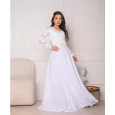 Sônia Anair Vestido Longo Feminino de Noiva de Casamento Civil Cartório Liso Clássico