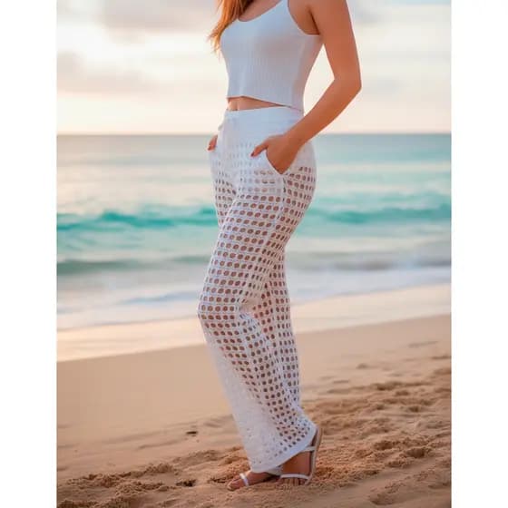 Calça Saída De Praia Tricô Canga Piscina Crochê Moda Verão 1