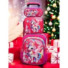 Carrinho Mochila 3DEscolar Infantil  Kit Com Estojo Lancheira Térmica Impermeável Rodinhas 3 Peças - Menina