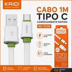 Cabo USB Tipo-C Kaidi Original KDTC30 - 1m para Carga Rápida e Transmissão de Dados