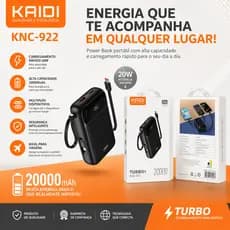 20000mAh Bateria Portátil Power Bank Turbo cabo embutido KAIDI KNC-922