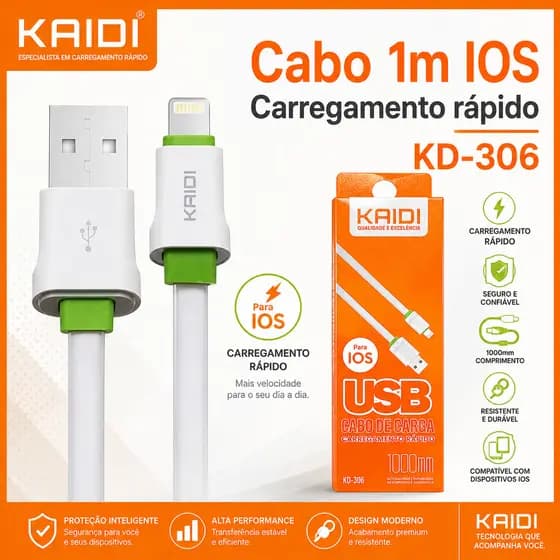 Cabo para Celular de Carga e Dados Cabo Rápido Lightning iPhone 1 metro 1m Kaidi KD-306