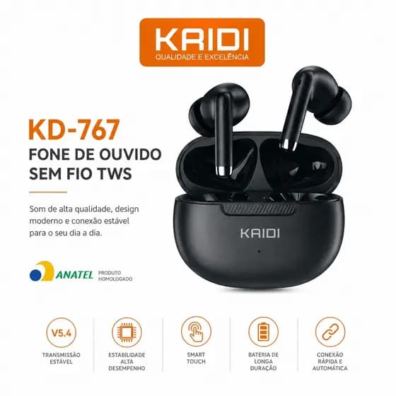 KAIDI KD-767 Fone de Ouvido Bluetooth TWS Sem Fio | Som HiFi | Estojo de Carregamento | Preto/Branco
