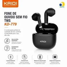 KAIDI KD-779 Fone de Ouvido Bluetooth TWS Sem Fio | Som HiFi | Bluetooth 5.4 | Estojo de Carregamento | Preto