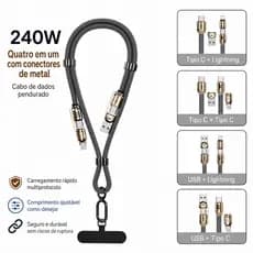 Cabo 4 em 1 240W com Alça Ajustável | USB/Tipo-C/Lightning Carregamento Rápido