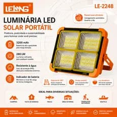 Refletor LED Recarregável Solar LE-2248 3200mAh USB-C IP66 Luz Branca/Amarela Emergência Portátil com Ímã e Gancho