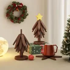 Árvore com 5 Suporte de Panela Quente de Bambu em forma de Árvore de Natal com Ponta de Maça Descanso para Mesa