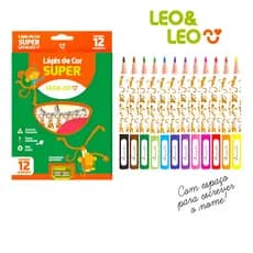 Lápis Super Jumbo 12 Cores Grosso + Apontador Leo E Leo