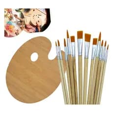 Kit 12 Pincéis Artesanato Pintura Ponta Fina Chata + Paleta de Madeira Yins Paper