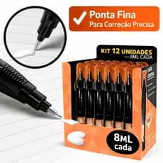 Kit 12 Caneta Corretivo Branco 8ml Secagem Rápida Escolar Escritório Volta as aulas