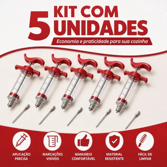 Kit 5 Seringas Injetoras Temperos Molhos Carnes Frango Agulha Inox 30ml