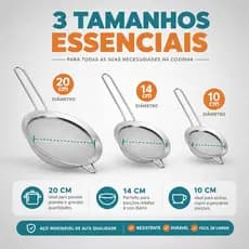 Kit 03 Peneiras Manual Coador 10-14-20cm Em Aço Inox Cozinha Resistente