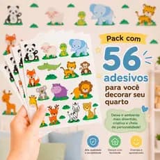 Adesivo de Parede - Quarto Infantil - Safari Bichinhos Fofos - Contém 56 Peças Diversos Tamanhos
