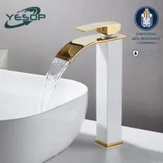 Torneira Monocomando Cascata Baixa para Banheiro Branco Dourado Yesop
