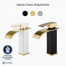 Torneira Banheiro Monocomando Aço Inox 304 Luxo Lavatório Branco e Dourado Bica Alta / Baixa Yesop