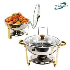 YESOP Rechaud Redondo de Luxo em Inox com Tampa de Vidro e Detalhes Dourados para Buffet e Festas