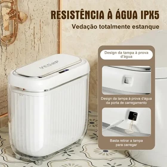 Lixeira Inteligente 14L Sensor Automático Recarregável Luxo Branco Yesop
