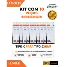 Kit 10 cabos carregador A'gold Tipo-C para Tipo-C - dados + turbo 60W -CB143- Original linha premium