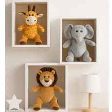 Kit Trio Safari para Nicho – Pelúcias Girafa, Leão e Elefante (P + M + G)