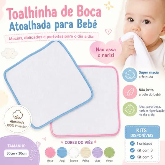 Toalhinha de Boca Atoalhada para Bebê 30x30cm | Super Macia Não Assa Nariz | Kit Higiene Bebê