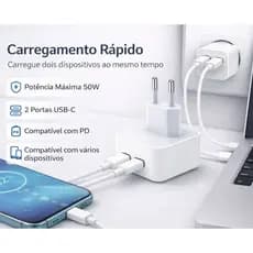 Carregador USB-C 50W Carregamento Rápido Dupla saída