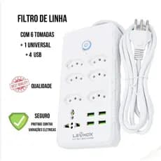 Régua Filtro de Linha com 6 Tomadas Extensão Elétrica 1 Universal 4 USB Bivolt 10A 110v/220v